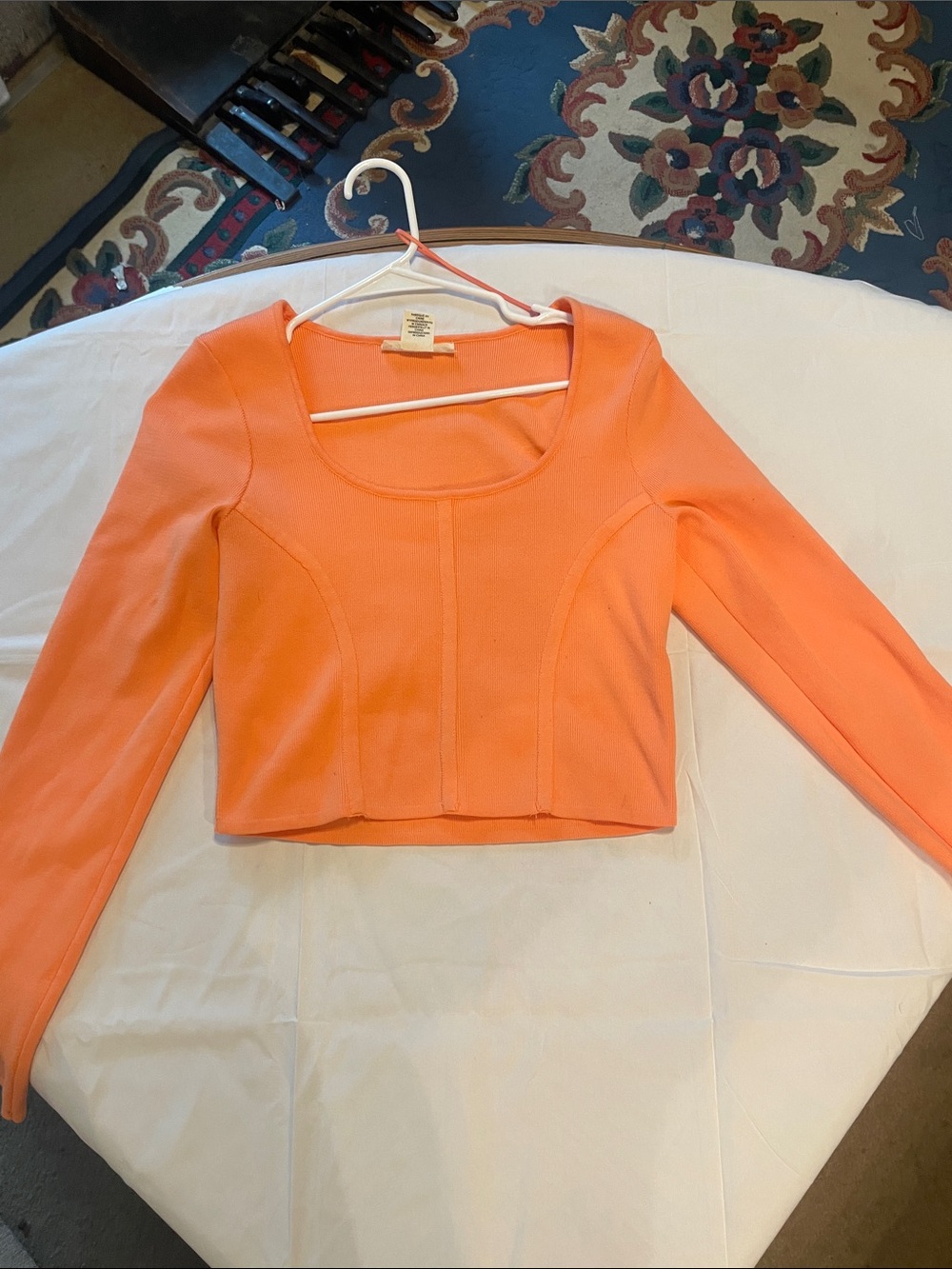 Cropped Long-Sleeve Scoop Neck Top — Orange